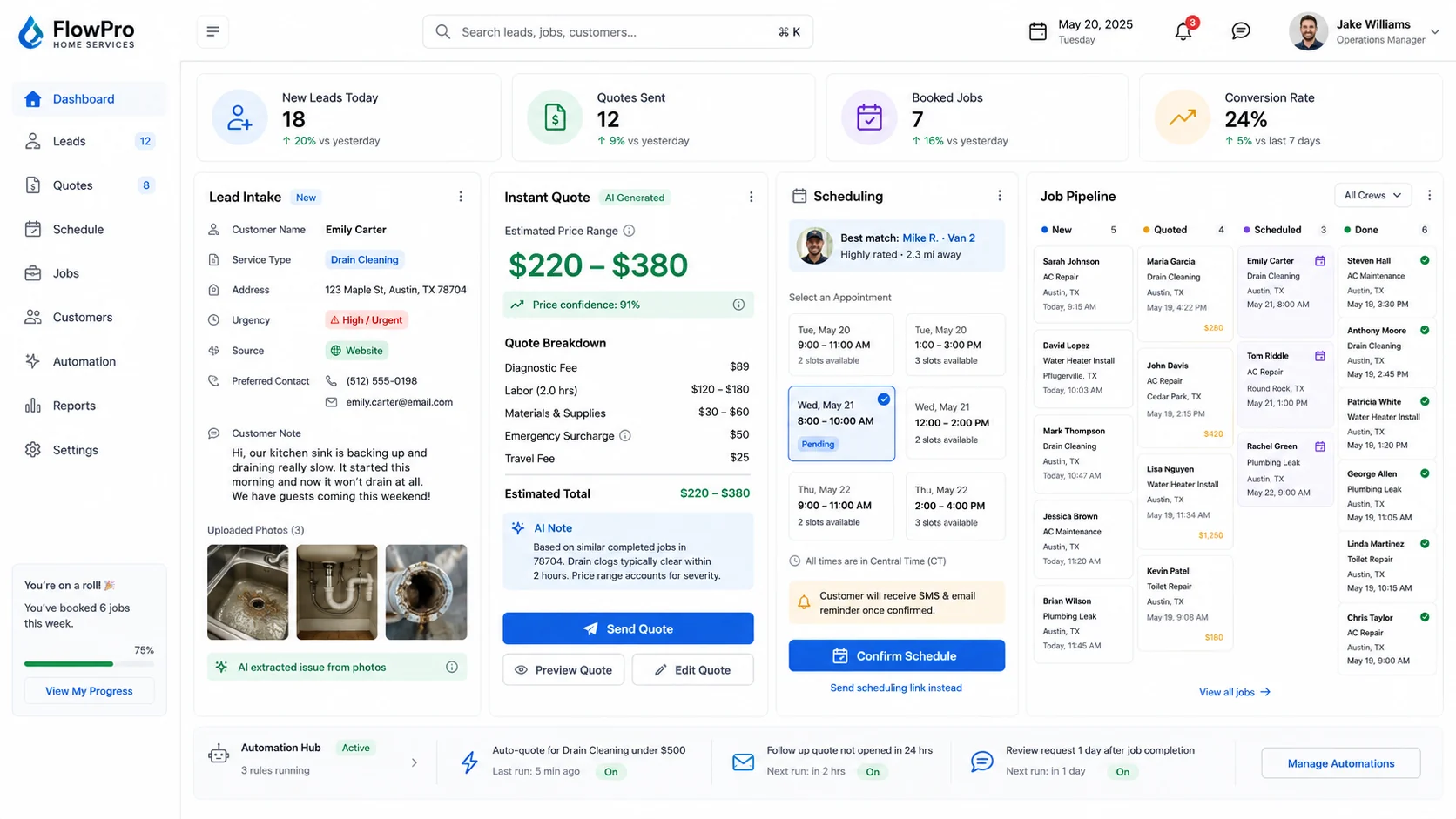 Home-service lead intake, quote and scheduling interface